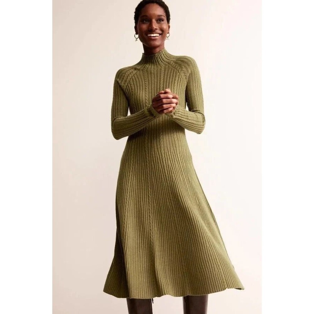 BODEN Green Tessa Knitted Wool Cashmere Midi Sweater Dress Modest SIZE 12L